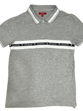 GUESS Polo Shirt Women's Size S Gray Quarter Zip Top Logo Tape Short Sleeve Y2K